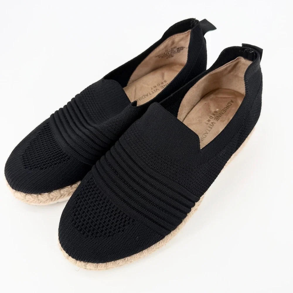 Adrienne Vittadini Knit Espadrille Slip On Flats Black Women's 6.5 Travel